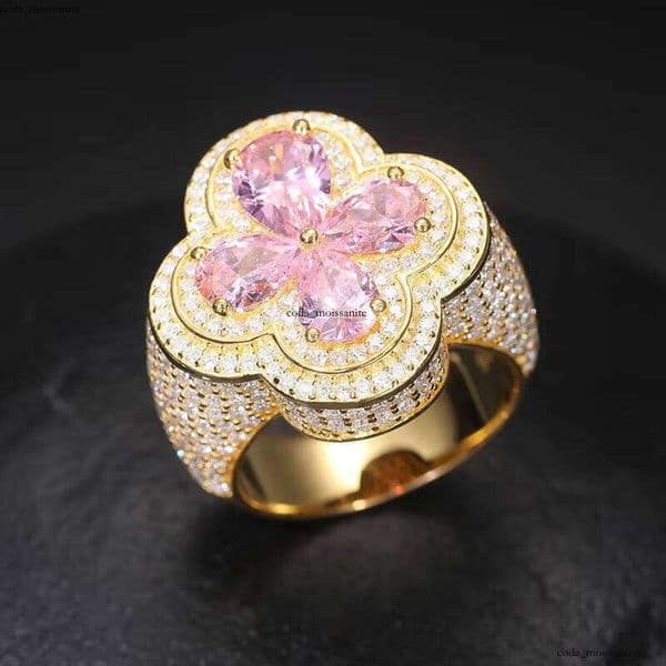 14K VVS GRA Moissanite 18K New Arrival S925 Pink Flower Iced High Quality Silver Silicon Stone Men's Ring Boutique Jewelry
