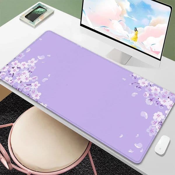Purple Blossom Deskmat Cute Pastel Purple Lilac Lavender Cherry Sakura Flowers Japanese Desk Mat Cute kawaii Mousepad 900x400 251121