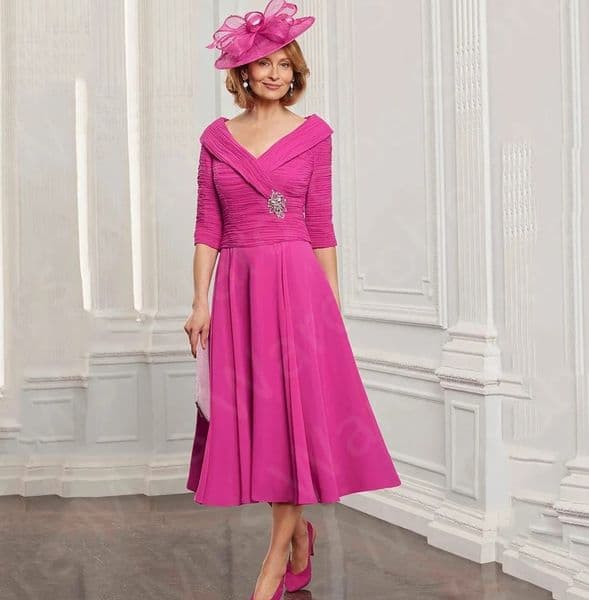 New Arrival Hot Pink Mother of the Bride Dress 2026 Chiffon Mother Dresses Mid Calf Length Wedding Party Gowns V Neck Pleated