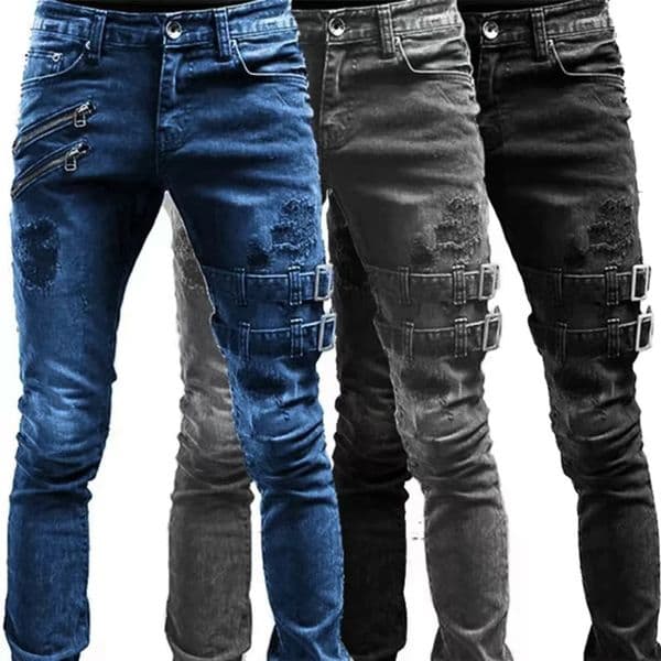 Mens Retro Moto Biker Straight Elastic Jeans Zipper Distress Hole Punk Skinny Denim Cargo Pants Streetwear Y2K Hombre Trousers 251126BJ