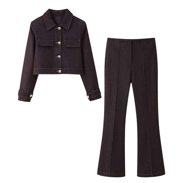 Cross-Border European And American Women's Clothing Early Autumn Color-Block Stitching Short Jacket + Flared Pants Set B5