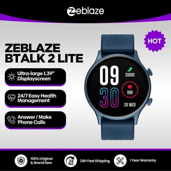 New Zeblaze Btalk 2 Lite Voice Calling Smart Watch Large 1.39'' IPS Display 100+ Sports Modes Health Monitoring Smartwatch
