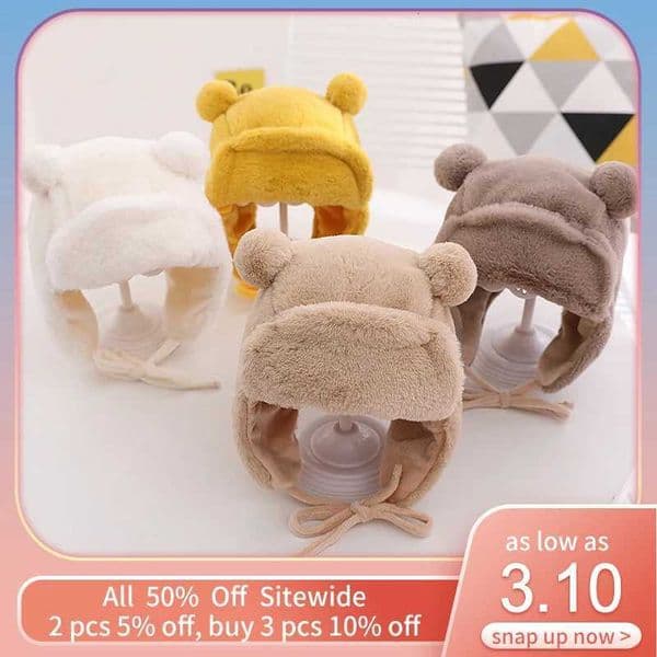 Cute Bear Baby Ear Protection Beanies Infant Plush Earflaps Cap Soft Furry Winter Warm Hat Kids Girl Boy Soild Bonnet Fit 8M-3YW251128