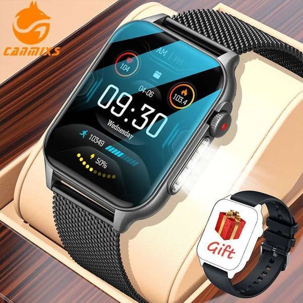 LED Flashlight 1.96 Screen Smart Watch Men Women 100+ Sport Modes Activity Monitor wireless Call Smartwatch for Android iOS