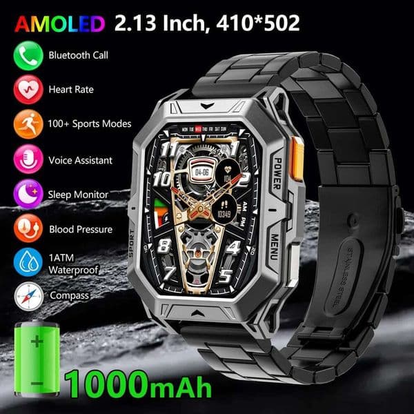 MISIRUN Smart 1000mAh Battery 2.13 Inch AMOLED Screen Men Watch Compass 1ATM Waterproof Bluetooth Call Sports Smartwatch