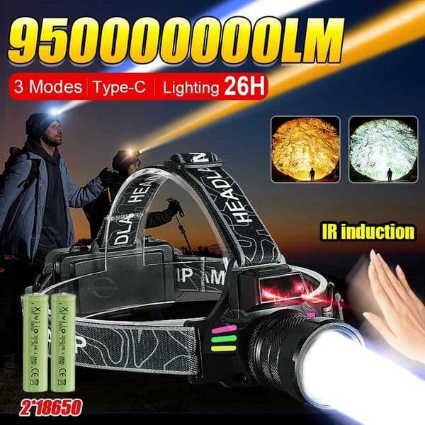 Most Powerful Headlamp Super Bright Long Shot 6800M Head Flashlight Motion Sensor Headlight With Yellow Light Camping Head TorchW251128