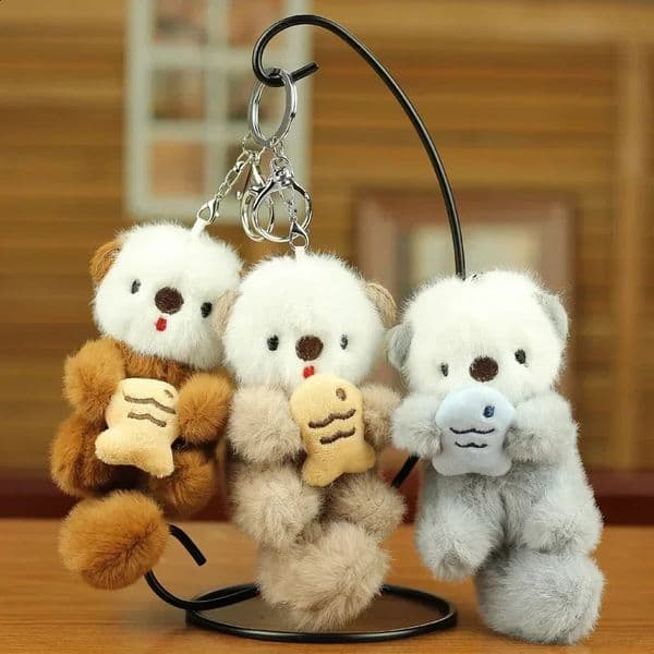 Cute Plush Otter Holding Fish Keychain Fashion Backpack Animal School Bag Key Wallet Pendant Toy Student Gift 250427