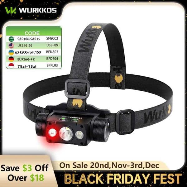 Wurkkos HD50 LED Headlamp 4000LM High Power Rechargeable Flashlight IP67 Waterproof 21700 Fishing Lighting with 660nm Red LightW251129