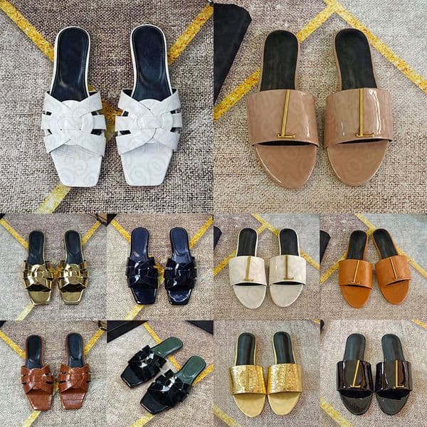 free shipping sandals famous designer women slides luxury sliders black white brown patent leather slide flat sandal womens flats ourdoor shoes