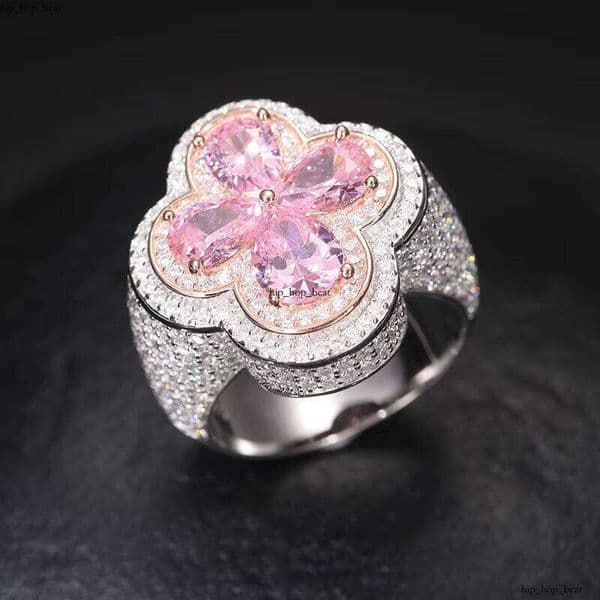 VVS Moissanite New GRA Arrival S925 Pink Flower Iced High Quality Silver Silicon Stone Men's Ring Boutique Jewelry