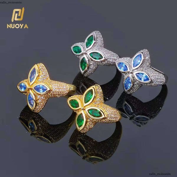 GRA NUOAY Hip Hop Jewelry Gold Plated Four 18K Leaf VVS 14K VVS Moissanite Women's Trendy Bling Green Blue Gemstone Flower Shape Iced Out Ring