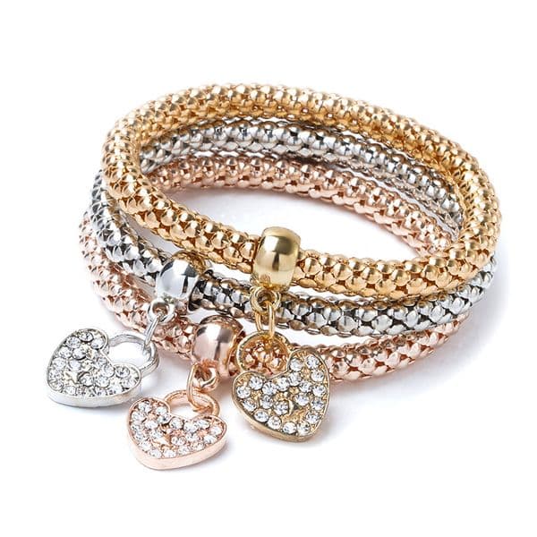 Hot selling alloy tri color set in Europe and America, elastic popcorn corn chain with diamond studded heart pendant bracelet for women
