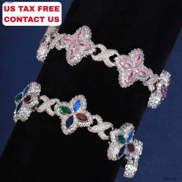 2025 New Hip-Hop Pink White Colorful Clover Bracelet Necklace Brass Iced Flower 5A VVS Moissanite Cuban Men's Chain CH