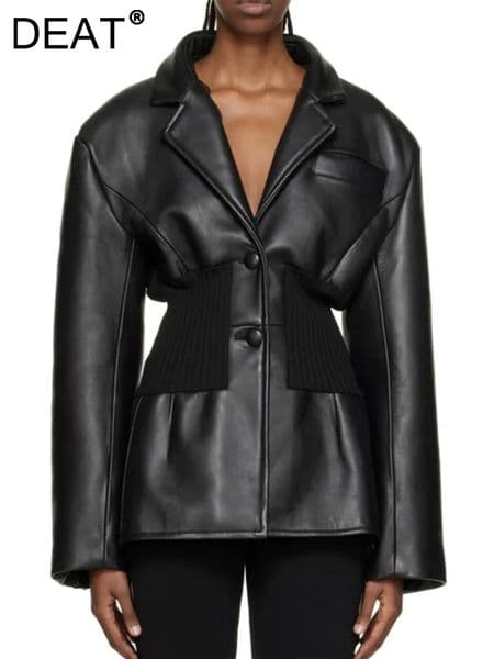 DEAT Fashion Womens Blazer Notched Collar PU Patchwork Knitted Super Waist Silhouette Suit Jackets Spring 17A2010H 251125BJ
