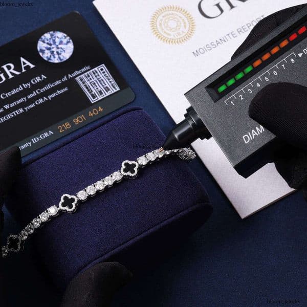 Hot Sale Design Black Clover Chain Luxury VVS D Moissanite 925 Sterling Silver Tennis Bracelet 4mm Hip Hop Jewelry