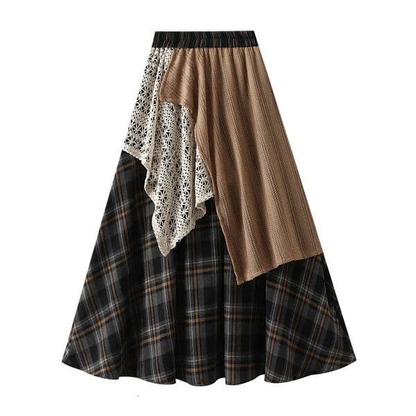 Vintage midi skirt with irregular grid lace patchwork high waisted womens long skirt A-line skirt mini skirt 250428