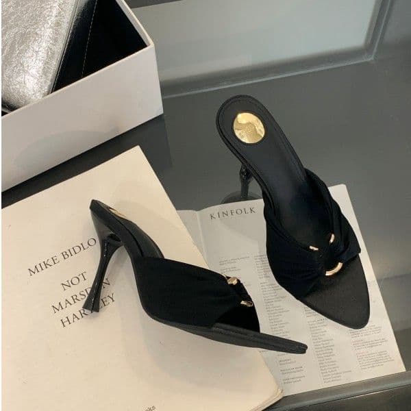 Free shipping designer women's summer style pleated metal buckle pointed high Sexy thin heels open-toe flip-flops