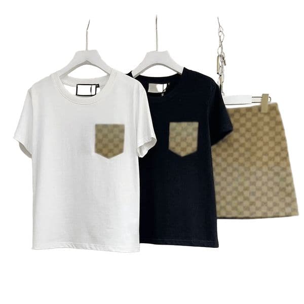 26ss designer summer new fashion trend high-quality retro casual jacquard letter printed pocket heavy hot diamond short sleeved T-shirt short skirt women's set s-L