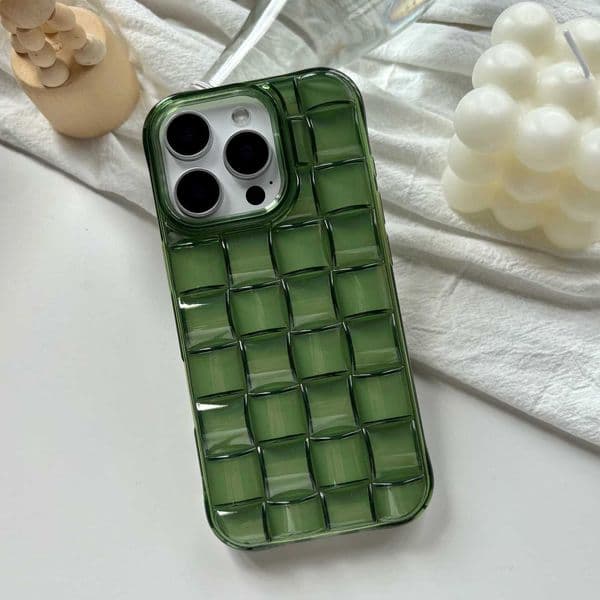 Stercopic Green Woven Plaid Convexity Soft Transparent Cube Pattern Cover Phone Case for iPhone 11 12 13 14 15 16 17 Pro Max H251129