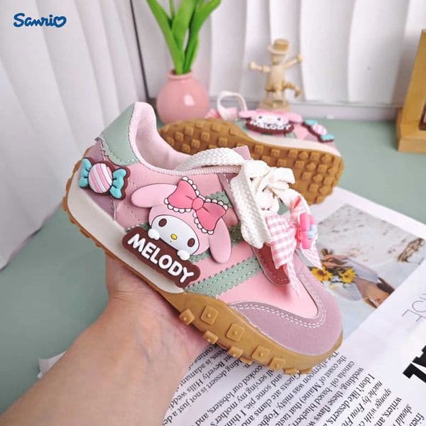 Sanrio KidsCasual Shoes Girls Cartoon MELODY PU Leather Outdoor Bow For Anti-slip Sneakers Chamois PU Leather Pink H251129