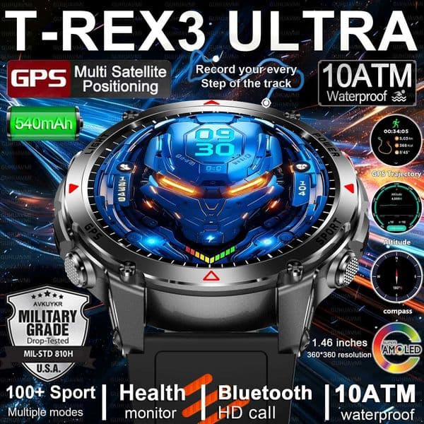 T-REX3 Men GPS Outdoor Sports SmartWatch Military quality AMOLED HD Screen Display Heart Rate BT Call 10ATM Waterproof Bracelet M251129