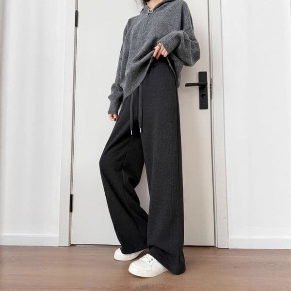 2026 Black gray acetate wool pants for autumn and winter women wide leg pants with drooping sensation glutinous rice pants straight leg casual pants