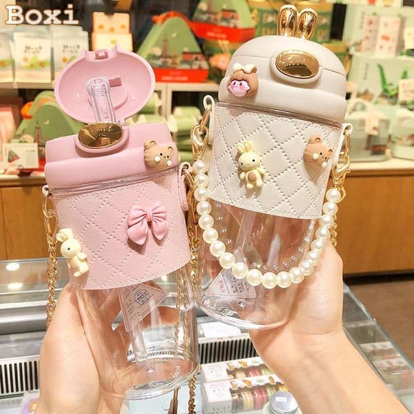 Ins Simple Fashion Plastic Water Bottle For Girls With Leather Sleeve And Strap Straw Adult Pregnant Women Portable Sippy Cups 251129