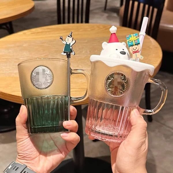 13.5oz Holiday Glass Mug with Bear Lid and Straw Christmas Gift Insulated Cute Cup for Hot Cold Drinks