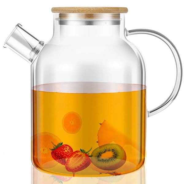 Glass Pitcher with Bamboo Lid 1800ml Glass Water Pitcher Heat Resistant Glass Jug with Handle Leafproof Glass Kettle with 251129