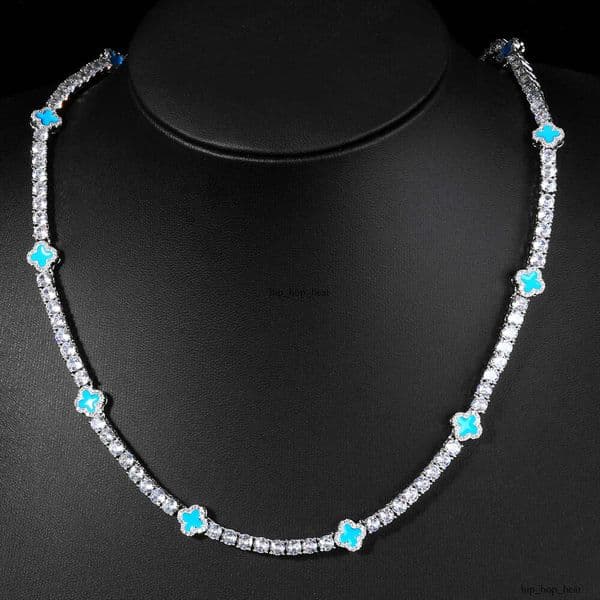 NUOYA Four-Leaf Clover Tennis Necklace for Women, Platinum GRA Plated, Ice VVS Moissanite Chain, Boutique Hip-Hop Jewelry