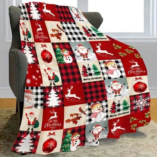 Cozy ChristmasThemed Flannel Throw Blanket Ultra Warm Plush and Decorative with Festive Elements like Santa Reindeer and SnowmenW251129