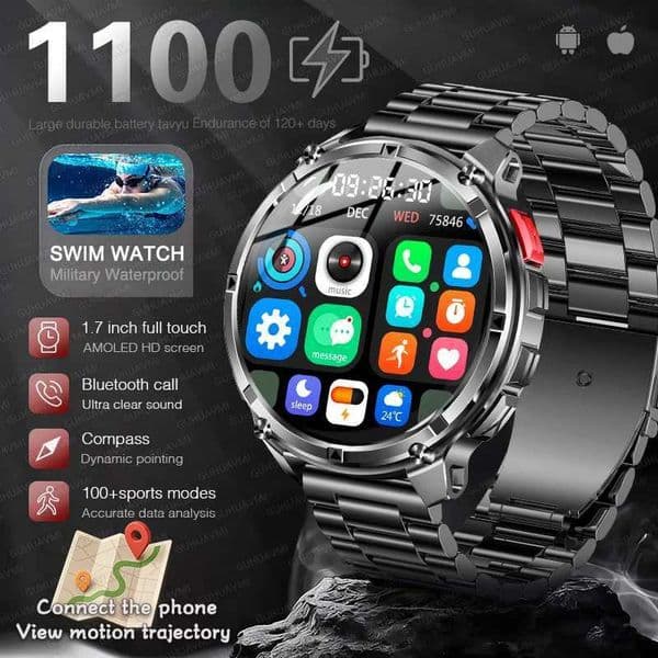 New 1100mAh Battery Smart Watch 5ATM Waterproof GPS BT call Flashlight Compass Clock AMOLED HD Men Sports Swim SmartwatchW251129