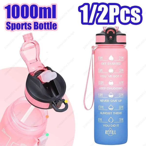 1/2Pcs 1000ml Sports Water Bottle with Time Scale Gradient Color Leakproof Gym Water Bottle for Outdoor Travel Fitness CyclingT251129