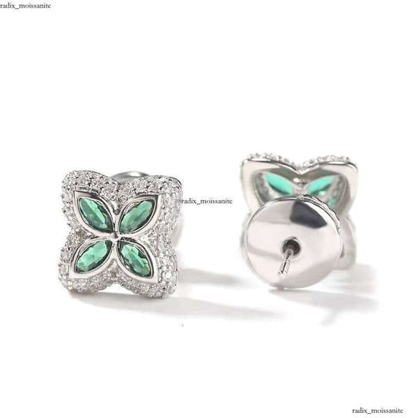 GRA VVS VVS Moissanite 18K Wholesale Price New Design Flower-shaped White Gold Plated Dull 14K Ice Brass Female Four-leaf Clover cz Stud Earrings
