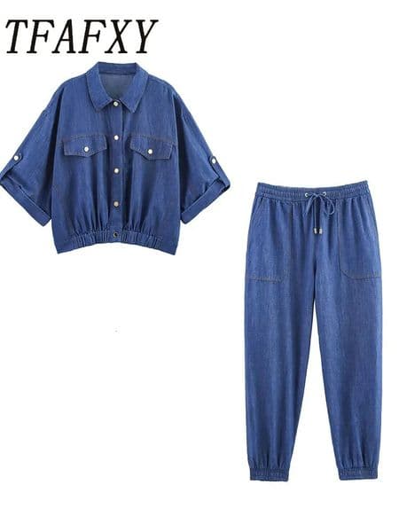 2025 Summer Casual Women Suit Denim Single Breasted Short Sleeve Shirt Elastic Waist Pants Fashion 2-piece Sets 251129