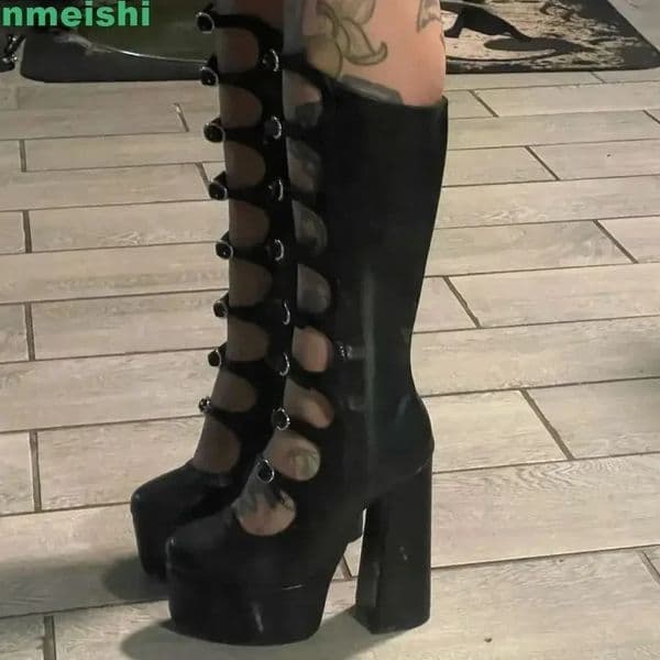 2025 Hollow Mid-Calf Boots Platform Zipper Square Heel Buckle Strap Women Pole Dance Shoes Fashion Round Toe Sexy Boots 250428BJ