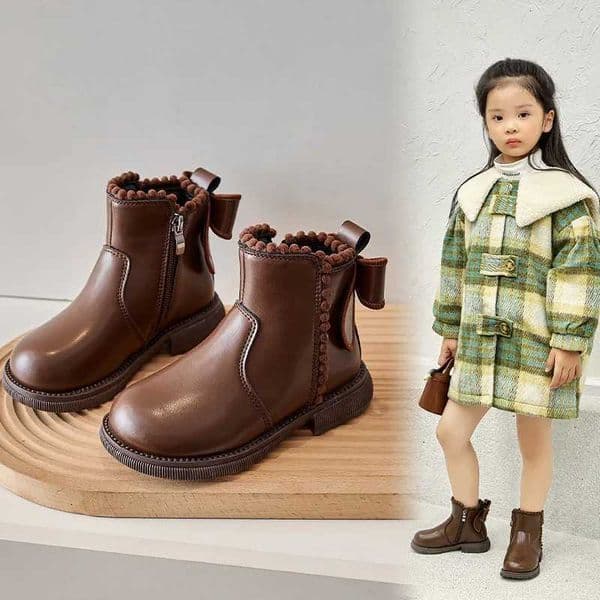 New Girls Princess Leather Boots with Warm Cotton Side Zip Girls Ankle Boots with Back Bow-knot Kids Short Boots Soft SoleXJ251129