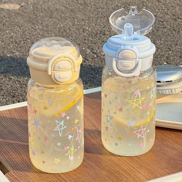 500ml Transparent Plastic Cup Straw Cup Lifting Rope Graffiti Water Bottles Dustproof Portable Drinking Water Bottle Juice Tumblers