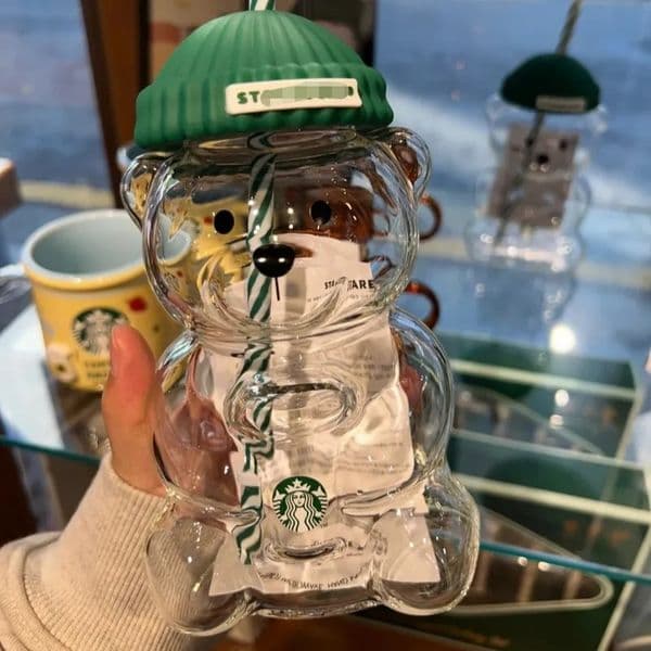 20oz Little Glass with Lid Cute Ice Coffee Cold Drink Water Cup Best-selling Christmas Gift Green Hat Bear Mug L260601
