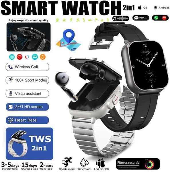 Smart Watch D8 TWS 2-in-1 Earphones BT Call NFC Heart Rate and Blood Pressure Health Monitoring Earphones Play MusicW251129