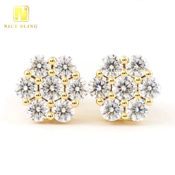 Ready to Ship Flower Shape 10K Solid Gold with Moissanite Diamond Vvs Mens Earrings Gold Stud Earrings