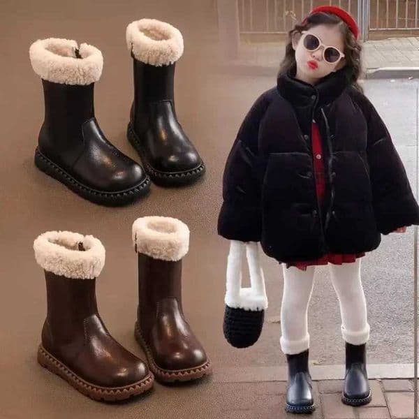 2025 winter Girls leather boots Kids breathable lining cotton boots anti slip side zipper fashionable retro snow shoesXJ251129