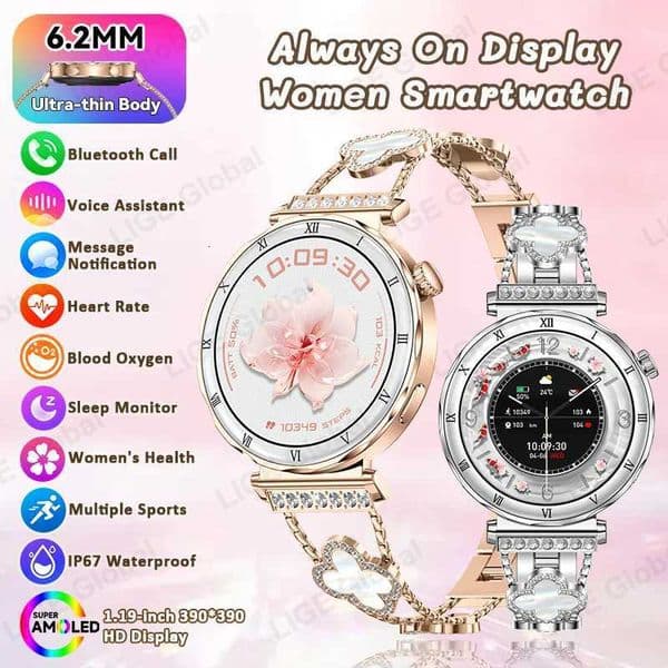 LIGE For Ultra Thin Smart Watch Women SCREEn Always Display Time Sports Bracelet BT Call AMOLED SmartwatchW251129