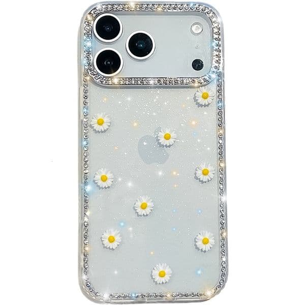 Small Daisy Phone Case iPhone 17 Pro Max Luxurious Sparkling Compatible Diamond Glitter Transparent Case with Apple 16/15/14 Pro