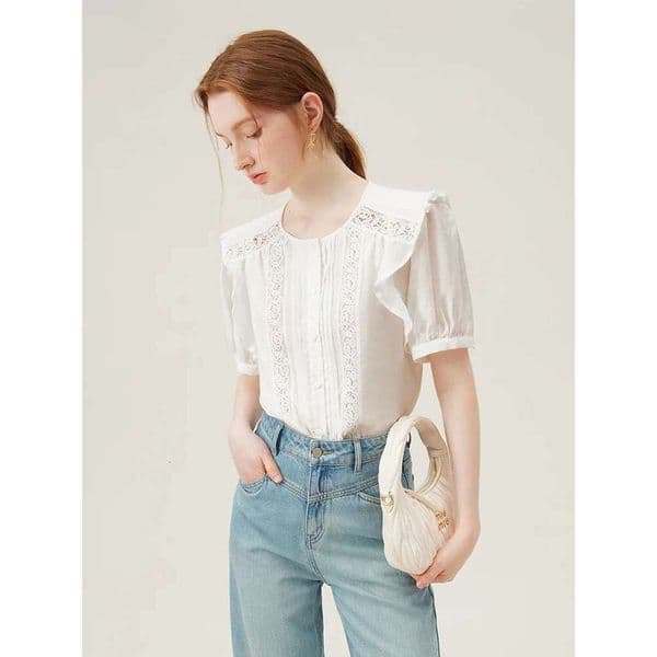 FSLE Women Short Sleeve Summer New White Temperament Single Breasted Shirts Lace Design Female Blouse 24Fs12998