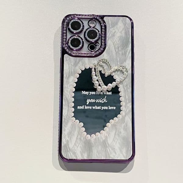 Mirror 3D Pearl Heart Phone Case iPhone 16/15 Pro Max Compatible with Apple 14 Pro Diamond Edge Electroplated Protective Case