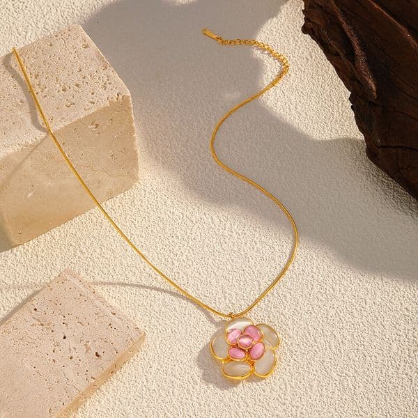 Light Luxury Elite Jewelry World Cup Football 2026 Y2K Fashion Retro Opal Rose Flower Necklace, 18K Gold Plated Stainless Steel, Adjustable Snake Chain Pendant
