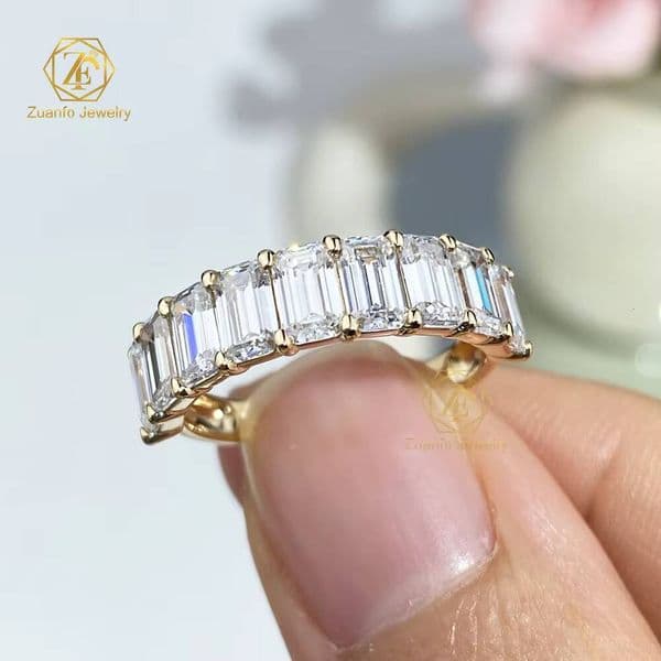 Moissnaite Diamond 14K 18K Solid Gold Half 3x5mm Emerald Cut Moissanite Band Ring