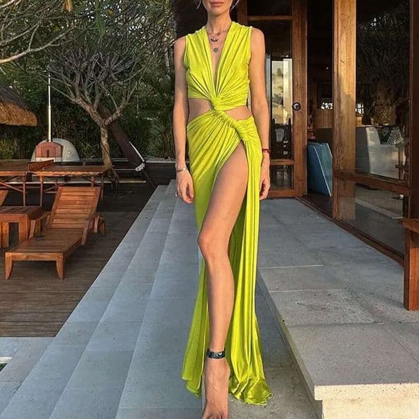 European and American women's summer sexy hollow knot slit V-neck pleated irregular dress 2025 new style temperament chic elegant clothing