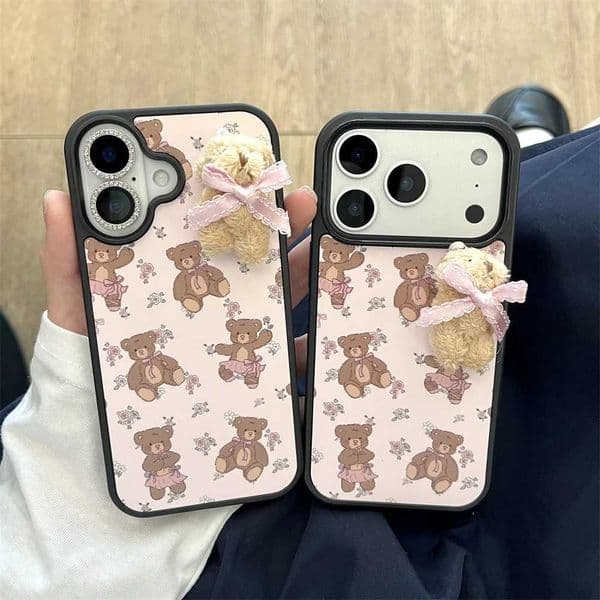 W fluffy plush bear cute bow flower phone case for iPhone 17 Pro Max 16 Pro 13 14 15 Fundas protective cover For 17 Pro H251129